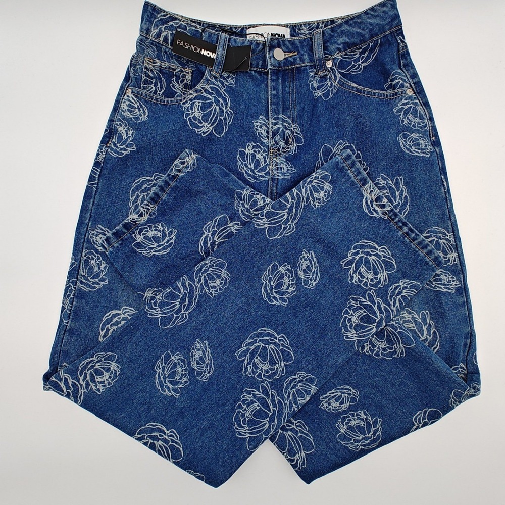 Fashion Nova Floral Print Wide Leg Jeans Womens NWT Blue‎ High Rise Size 5 - Picture 6 of 7
